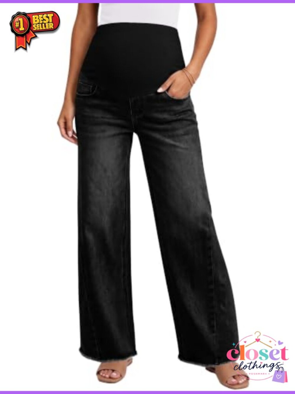 Yoklass Women's Maternity Jeans Over Belly Wide Leg Pregnancy Pants